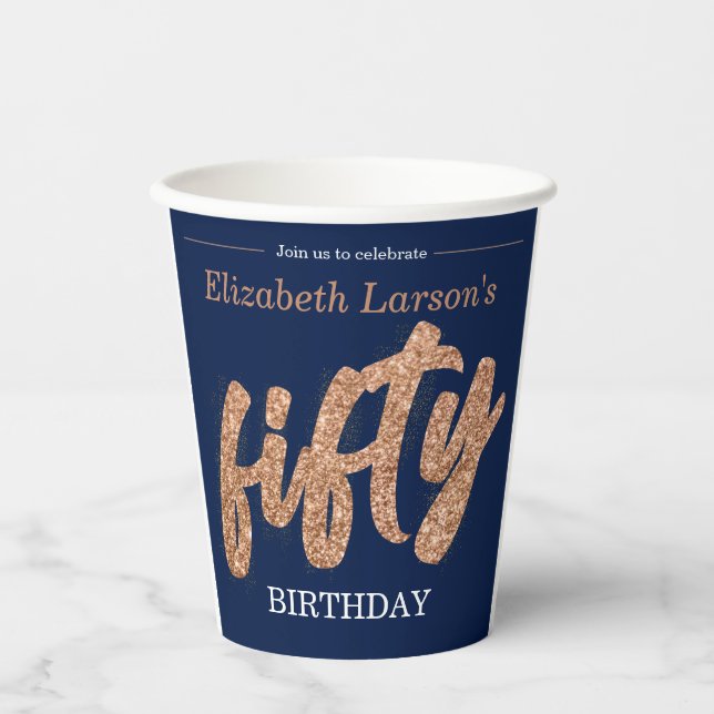 50th Birthday Party Modern Gold & Blue | Fifty Paper Cups (Front)