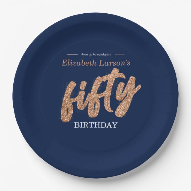 50th Birthday Party Modern Gold & Blue | Fifty Paper Plate (Front)