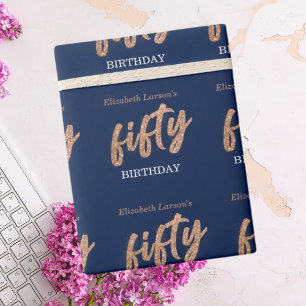 50th Birthday Party Modern Gold & Blue Fifty Wrapping Paper