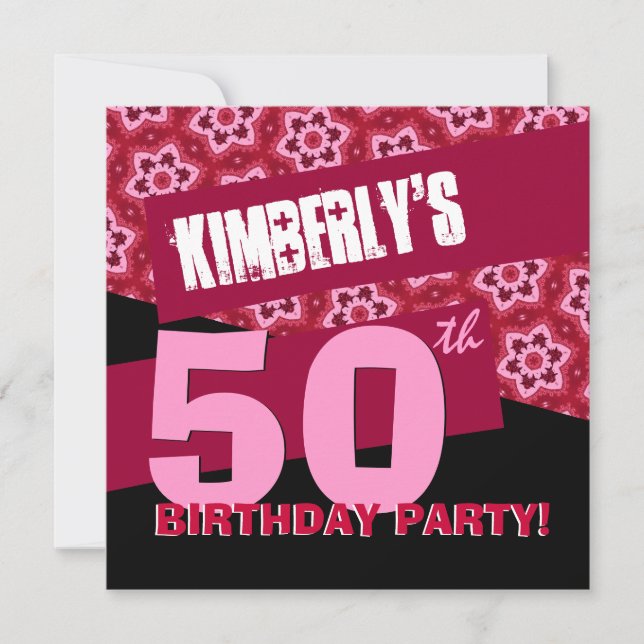 50th Birthday Party Modern Red Black  Pink G32 Invitation (Front)