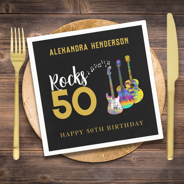 50th Birthday Party Music Guitar Rocks 50 Napkin (Rock and roll guitar black and gold personalized name 50th birthday party paper napkins)