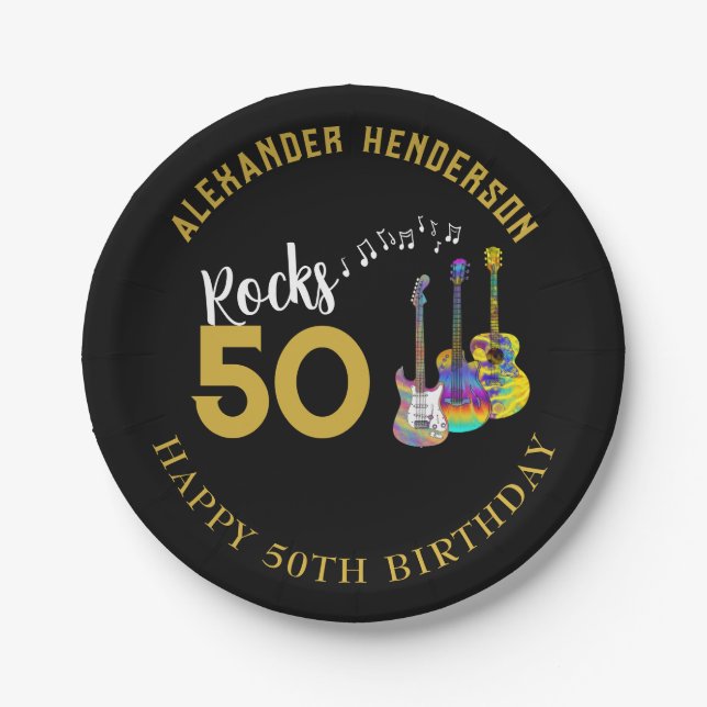 50th Birthday Party Name Music Guitars Rocks 50 Paper Plate (Front)