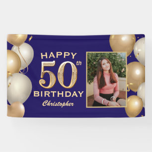50th Birthday Party Navy Blue and Gold Balloons Banner