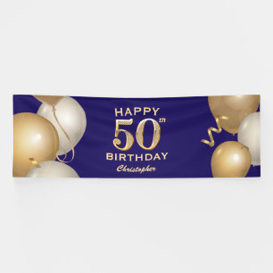 50th Birthday Party Navy Blue and Gold Balloons Banner
