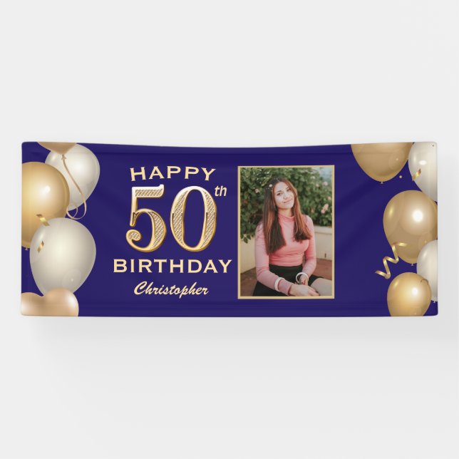 50th Birthday Party Navy Blue and Gold Balloons Banner (Horizontal)