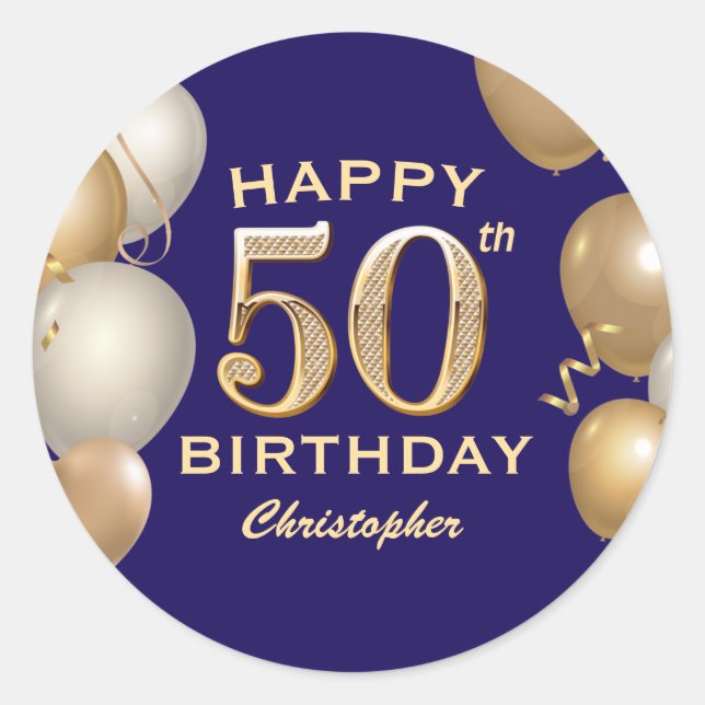 50th Birthday Party Navy Blue and Gold Balloons Classic Round Sticker (Front)
