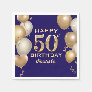50th Birthday Party Navy Blue and Gold Balloons Napkin