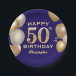 50th Birthday Party Navy Blue and Gold Balloons Paper Plate<br><div class="desc">50th Birthday Party Navy Blue and Gold Balloons and Confetti Paper Plates. For further customisation,  please click the "Customise it" button and use our design tool to modify this template.</div>