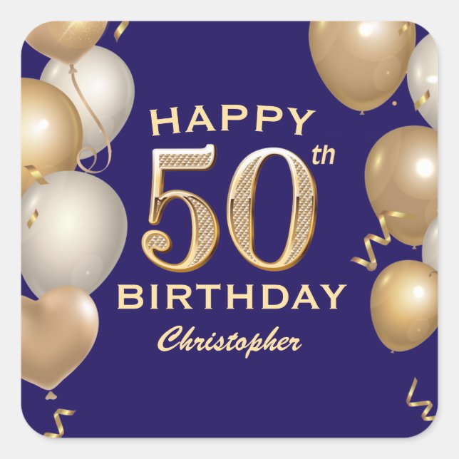 50th Birthday Party Navy Blue and Gold Balloons Square Sticker (Front)