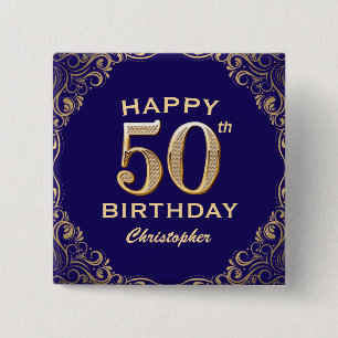 50th Birthday Party Navy Blue and Gold Glitter 15 Cm Square Badge
