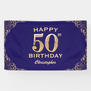 50th Birthday Party Navy Blue and Gold Glitter Banner