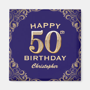 50th Birthday Party Navy Blue and Gold Glitter Magnet