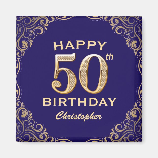 50th Birthday Party Navy Blue and Gold Glitter Magnet (Front)