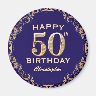 50th Birthday Party Navy Blue and Gold Glitter Magnet