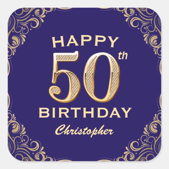 50th Birthday Party Navy Blue and Gold Glitter Square Sticker (Front)