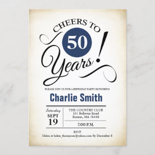 50th Birthday Party - Navy Blue Black White Invitation