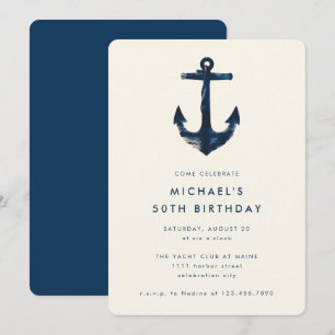 50th Birthday Party Navy Blue Nautical Anchor Invitation