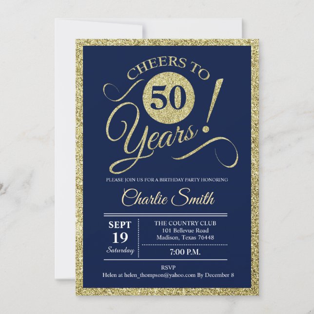 50th Birthday Party - Navy Gold ANY YEAR Invitation (Front)