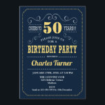 50th Birthday Party - Navy Gold Invitation<br><div class="desc">50th Birthday Party Invitation.
Elegant navy blue,  gold and white retro design with script font. Cheers to 50 years! Message me if you need further customization.</div>