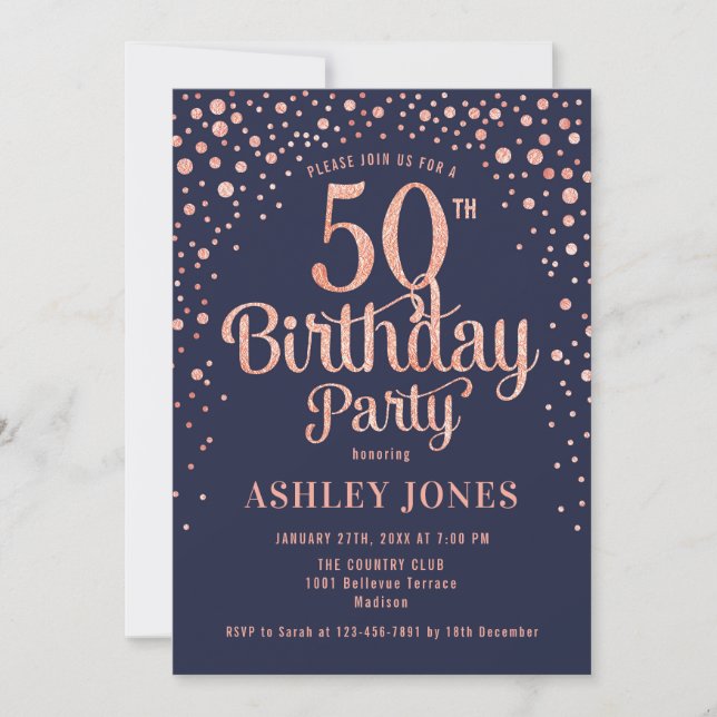 50th Birthday Party - Navy & Rose Gold Invitation (Front)
