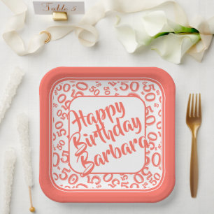 50th Birthday Party Number Pattern Coral/White Paper Plate