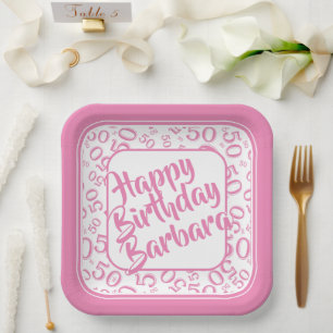 50th Birthday Party Number Pattern Pink/White Paper Plate