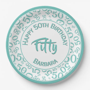 50th Birthday Party Number Pattern Teal/White 50 Paper Plate
