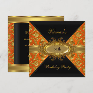 50th Birthday Party Orange Gold Black Damask Invitation