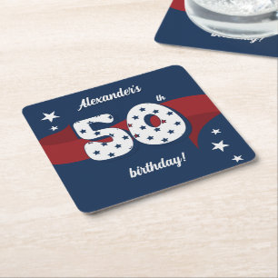 50th Birthday Party Patriotic Red White Blue Stars Square Paper Coaster