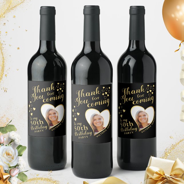 50th Birthday Party Photo Black and Gold Thank You Wine Label (Creator Uploaded)