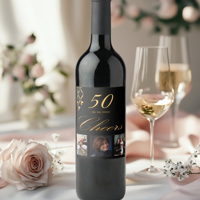 50th birthday party photo black gold cheers script wine label (Creator Uploaded)