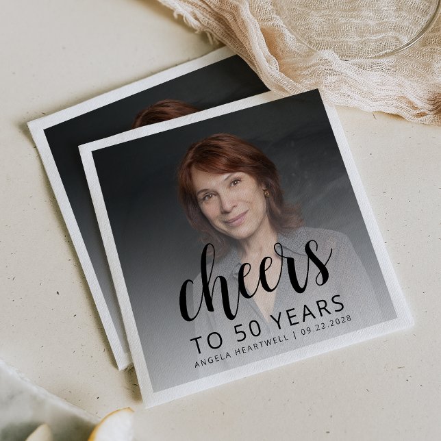 50th Birthday Party Photo Black Script Cheers Napkin (Creator Uploaded)