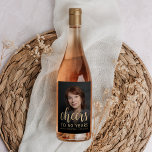 50th Birthday Party Photo Cheers Wine Label<br><div class="desc">This custom 50th birthday wine label features the guest of honour's personalised photo,  name,  and birthday,  along with the word "Cheers" in elegant gold-coloured calligraphy script. A dark screen helps make the text pop. A great way to celebrate someone who's turning fifty!</div>
