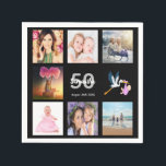 50th birthday party photo collage black napkin<br><div class="desc">A napkin for a girly 50th birthday party,  celebrating her life with a collage of 8 of your photos.  Templates for a name,  age 50 and a date.  Date of birth or the date of the party.  White and grey coloured letters.  Black background.</div>