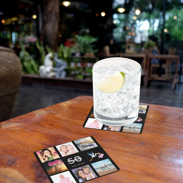 50th birthday party photo collage black square paper coaster (Creator Uploaded)