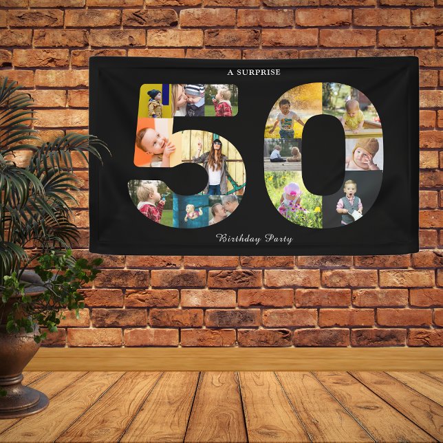 50th Birthday Party Photo Collage Black White Banner (50th birthday wall banner with photo collage)