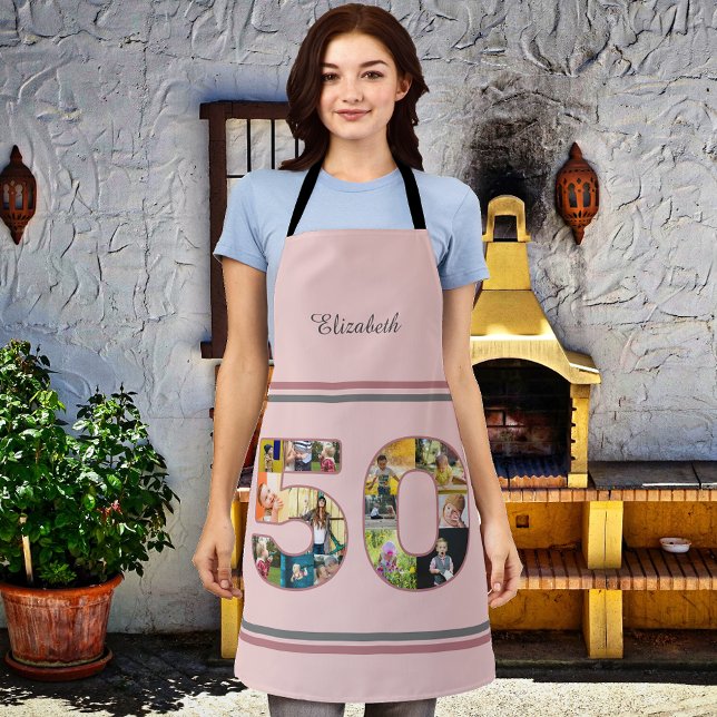 50th Birthday Party Photo Collage Dusty Blush Pink Apron (BBQ or Kitchen apron 50th birthday gift with custom photo collage template. Blush dusty pink color.)