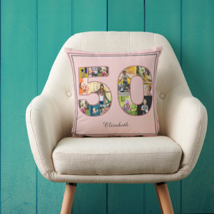 50th Birthday Party Photo Collage Dusty Blush Pink Cushion