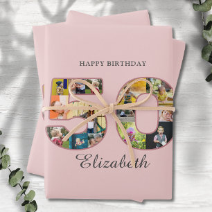 50th Birthday Party Photo Collage Dusty Blush Pink Wrapping Paper Sheet