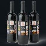 50th birthday party photo collage guy black wine label<br><div class="desc">A wine bottle label for a 50th birthday party for a guy,  celebrating his life with a collage of 8 of your own photos.  Templates for a name,  age 50 and a date.  Date of birth or the date of the party.  White coloured letters.  Black background.</div>