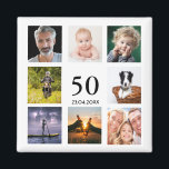 50th birthday party photo collage guy magnet<br><div class="desc">A magnet for a 50th birthday party for a guy, celebrating his life with a collage of 8 of your own photos. Templates for the age 50 and a date. Date of birth or the date of the party. Black coloured letters. White background. Perfect as a party favour, keepsake or...</div>