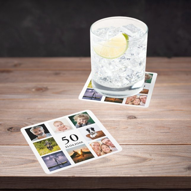 50th birthday party photo collage guy square paper coaster (Creator Uploaded)