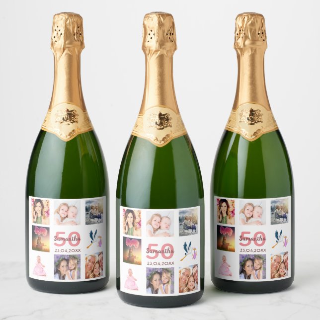 50th birthday party photo collage sparkling wine label (Bottles)