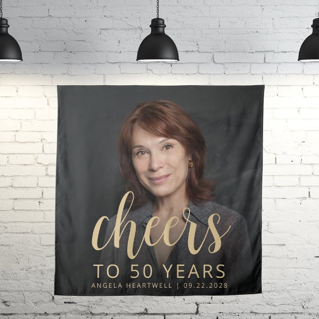 50th Birthday Party Photo Gold Script Cheers Tapestry (Creator Uploaded)