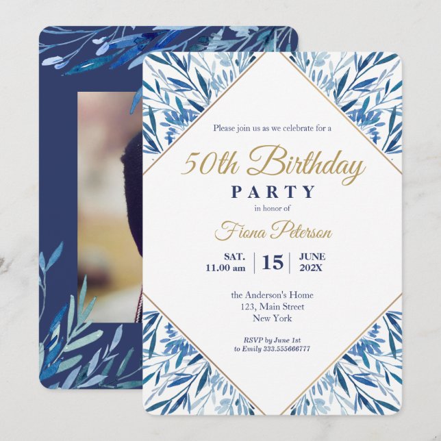 50th Birthday party Photo on back invitation (Front/Back)