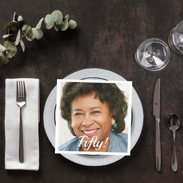 50th birthday party photo script woman napkin (Creator Uploaded)