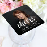 50th Birthday Party Photo White Cheers Square Paper Coaster<br><div class="desc">This custom 50th birthday paper coaster features the guest of honour's personalised photo,  name,  and birthday,  along with the word "Cheers" in elegant white calligraphy script. A dark screen helps make the text pop. A great way to celebrate someone who's turning fifty!</div>