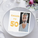 50th birthday party photo white gold napkin<br><div class="desc">A napkin for a 50th birthday party. Template for your photo.  White background and the tex: Cheers to 50.  The text is written with a trendy faux gold balloon script.</div>