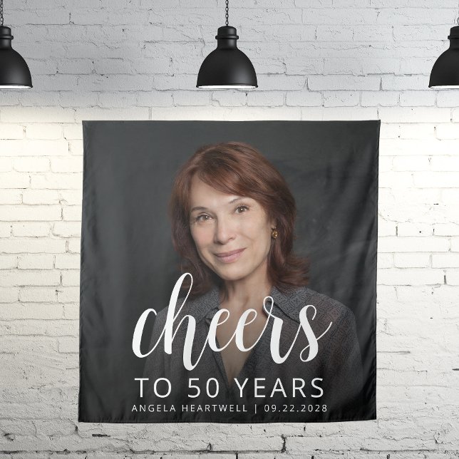 50th Birthday Party Photo White Script Cheers Tapestry (Creator Uploaded)