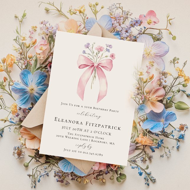 50th Birthday Party Pink Coquette Bow Wildflower Invitation (Creator Uploaded)